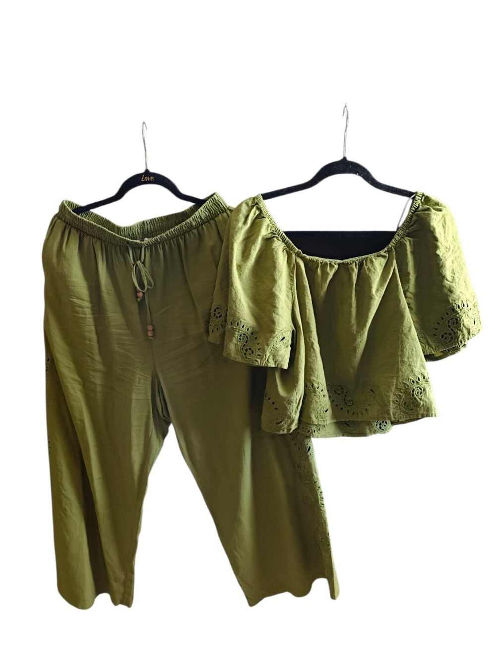Rachel Zoe Olive Green Wide-Leg Pants with Off-Shoulder Eyelet Top